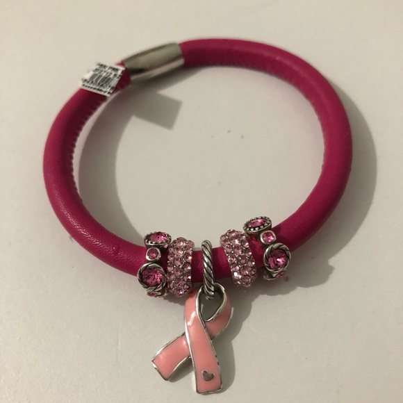 Brighton Jewelry - NWT Brighton Pink Woodstock Leather Bracelet With Pink Ribbon And Crystal Charms
